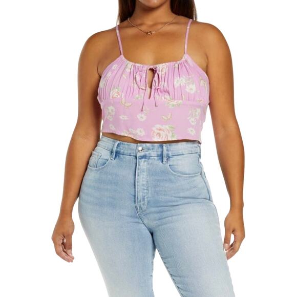 BP Floral Crop Tank Top Spaghetti Strap Ruched Straight Neck Pink Women's S NWOT - Picture 1 of 9